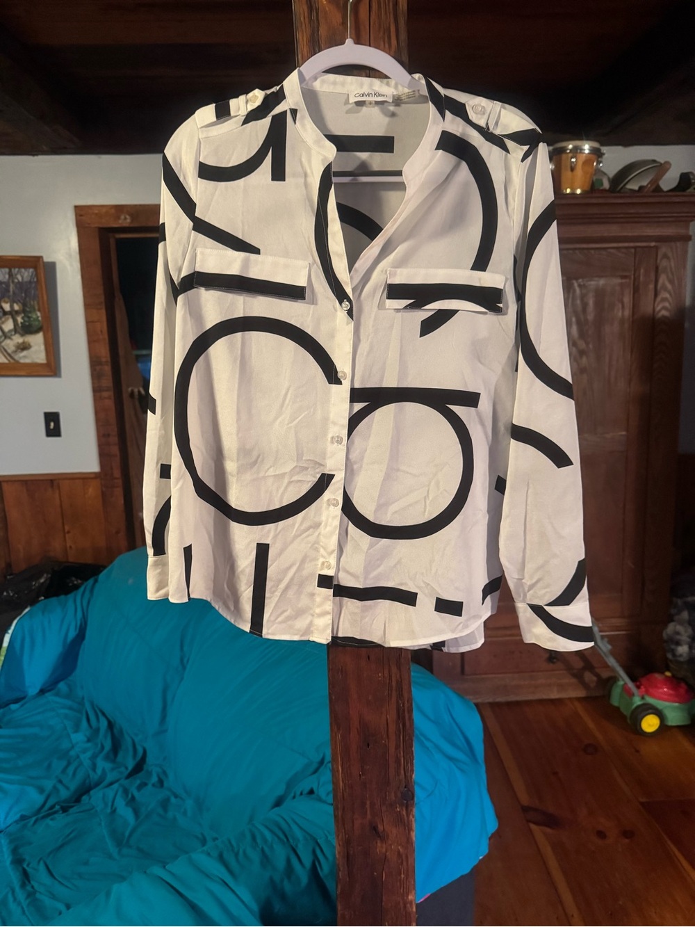 Calvin Klein White Button-Up Blouse with Black Graphic Print